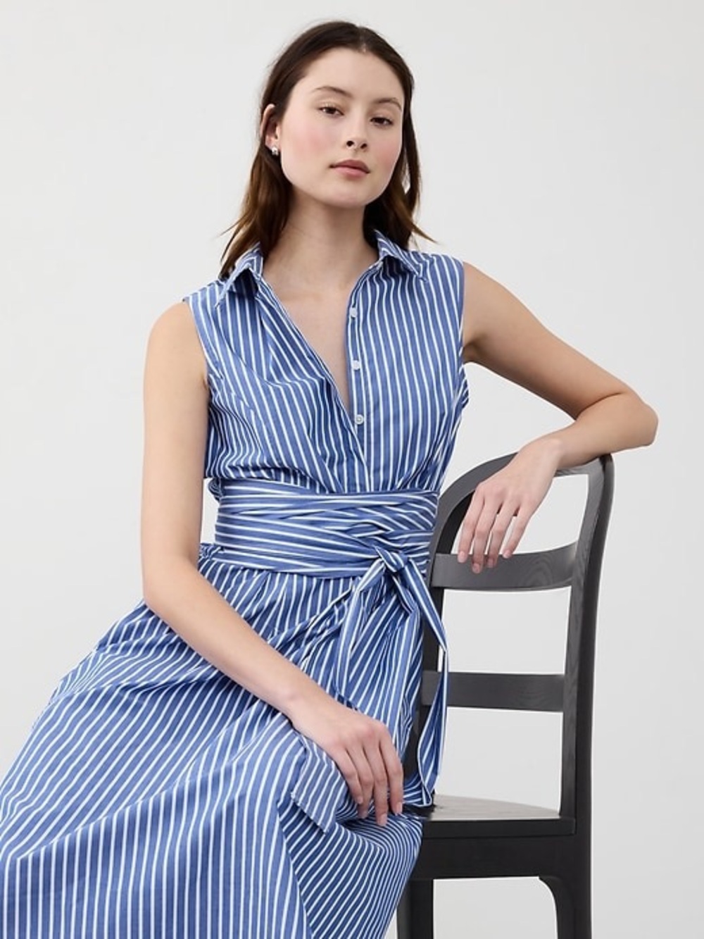 Banana Republic Blue Striped Poplin Cross-Waist Midi Dress - M Petite